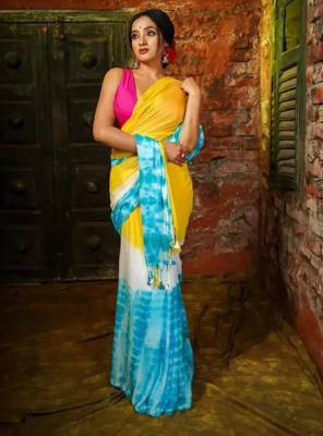 Yellow linen printed saree 3