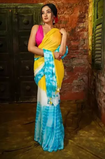 Yellow linen printed saree