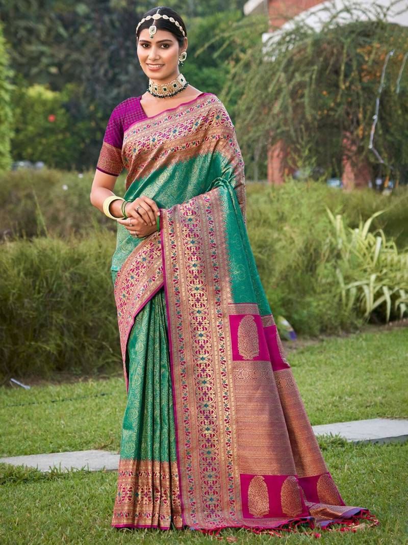 Emerald green and magenta silk blend saree