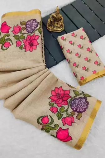 Beige embroidered floral vine saree