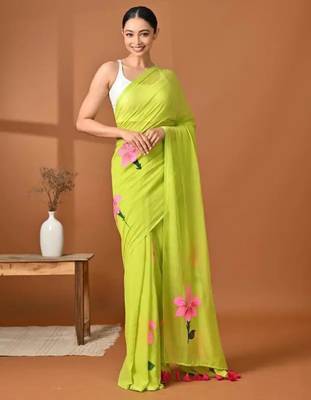 Lime green painted floral saree 1