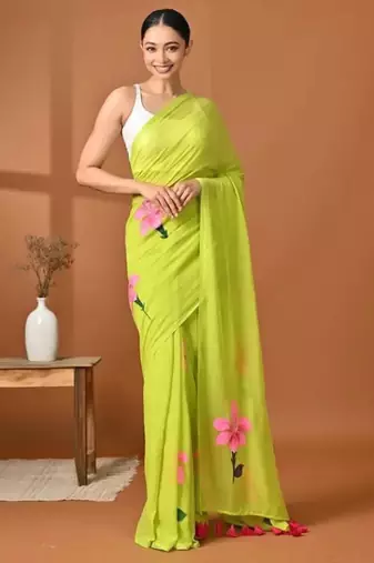 Lime green painted floral saree