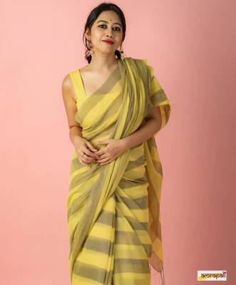 Mustard striped linen saree 5
