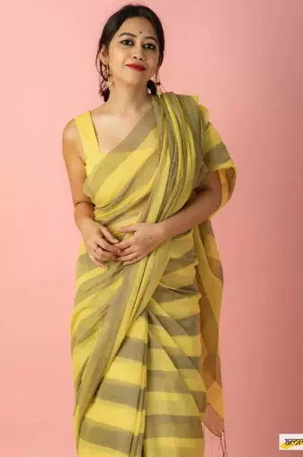 Mustard striped linen saree