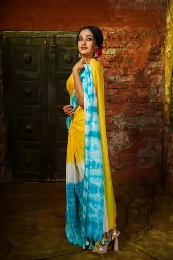 Yellow linen printed saree