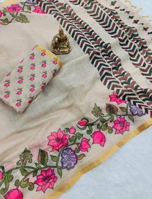 Beige embroidered floral vine saree 3