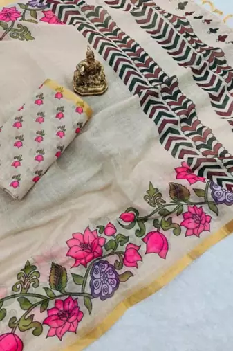 Beige embroidered floral vine saree