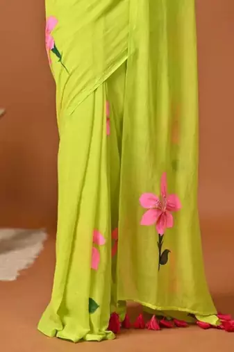Lime green painted floral saree