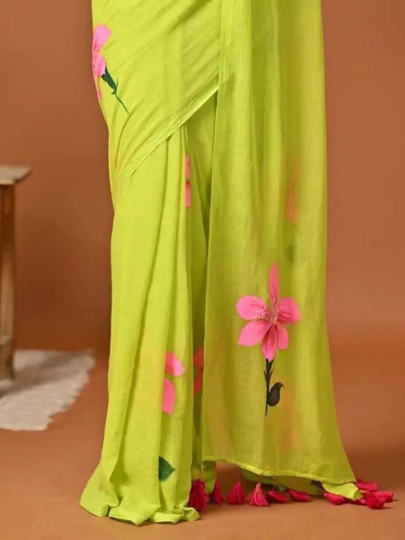 Lime green painted floral saree