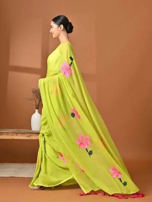 Lime green painted floral saree 4