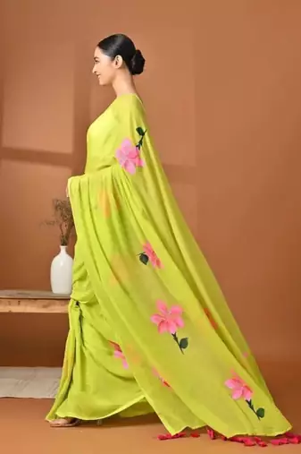 Lime green painted floral saree