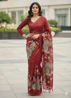 Red kalamkari inspired peacock saree 1