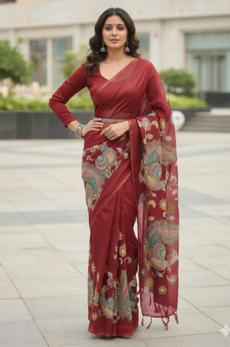 Red kalamkari inspired peacock saree