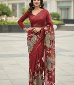 Red kalamkari inspired peacock saree