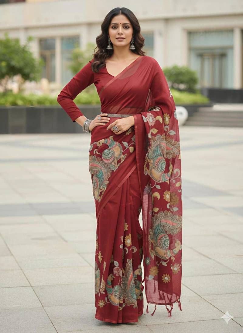 Red kalamkari inspired peacock saree