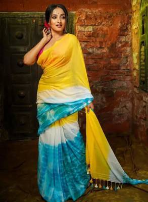 Yellow linen printed saree 5