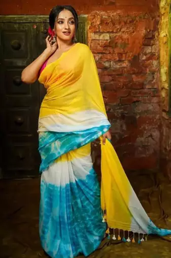 Yellow linen printed saree