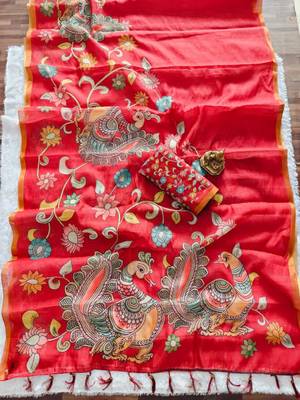 Red kalamkari inspired peacock saree 2