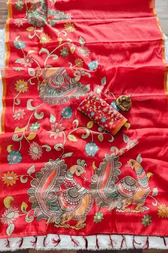 Red kalamkari inspired peacock saree