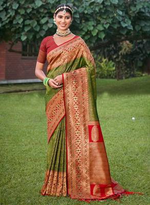 Green and red silk blend brocade saree 1