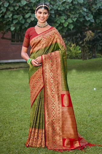 Green and red silk blend brocade saree