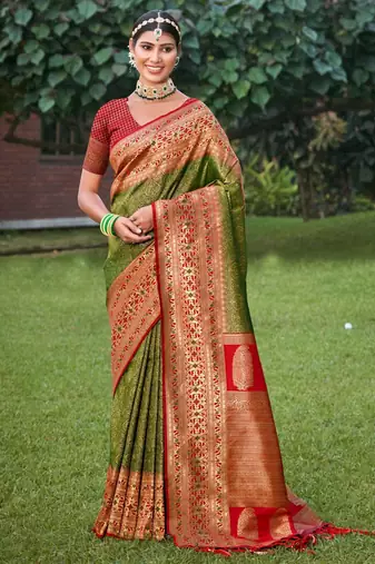 Green and red silk blend brocade saree