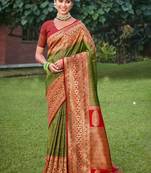 Green and red silk blend brocade saree