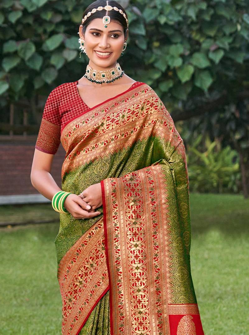 Green and red silk blend brocade saree