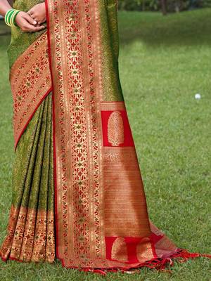 Green and red silk blend brocade saree 3