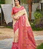 Elegant cream and magenta silk blend woven saree