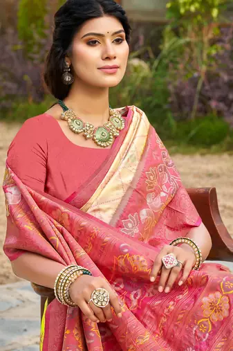 Elegant cream and magenta silk blend woven saree