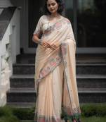 Off white block printed scallop saree