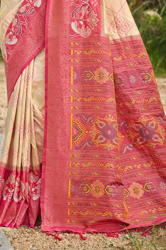 Elegant cream and magenta silk blend woven saree