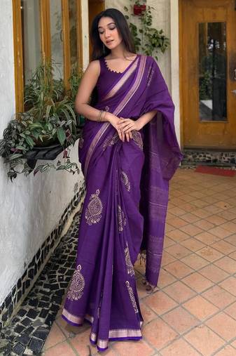 Purple linen block-print saree