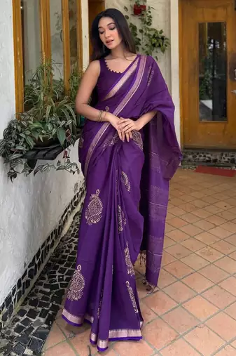 Purple linen block-print saree