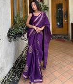 Purple linen block-print saree