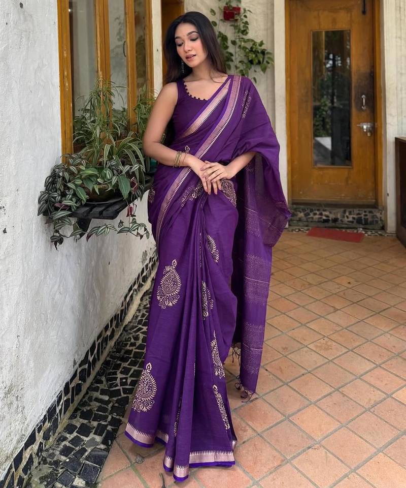Purple linen block-print saree