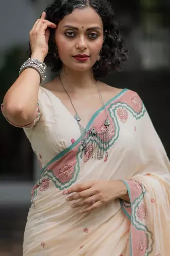 Off white block printed scallop saree