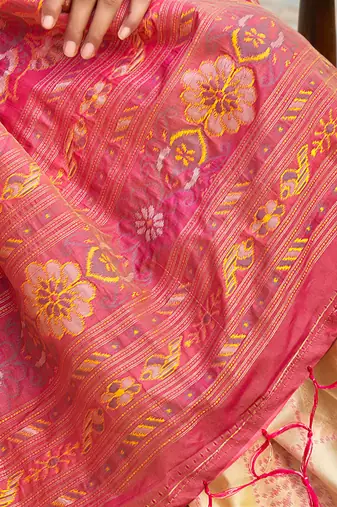 Elegant cream and magenta silk blend woven saree