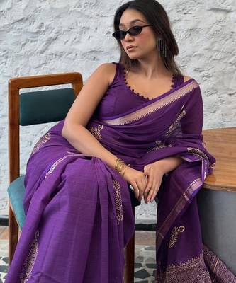 Purple linen block-print saree 2
