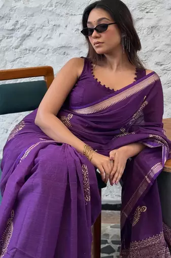 Purple linen block-print saree