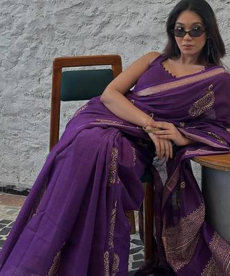 Purple linen block-print saree 3