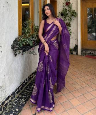 Purple linen block-print saree 4