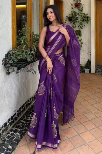 Purple linen block-print saree