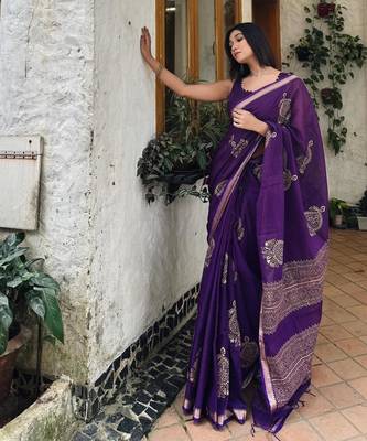 Purple linen block-print saree 5
