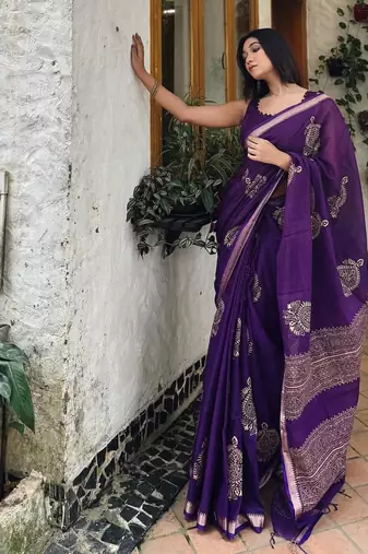 Purple linen block-print saree