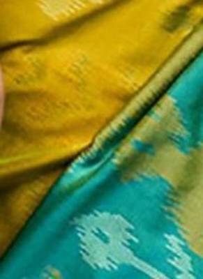 Mustard silk blend saree with teal ikat border 3