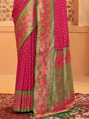 Fuchsia silk blend saree with green zari border 3