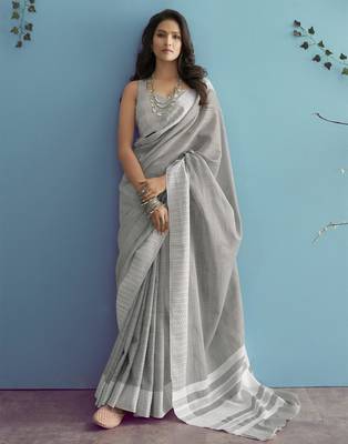 Ash grey silk blend saree with silver border 1