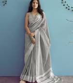Ash grey silk blend saree with silver border